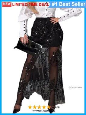Sequin Mesh See Through High Waist Patchwork Maxi Skirt